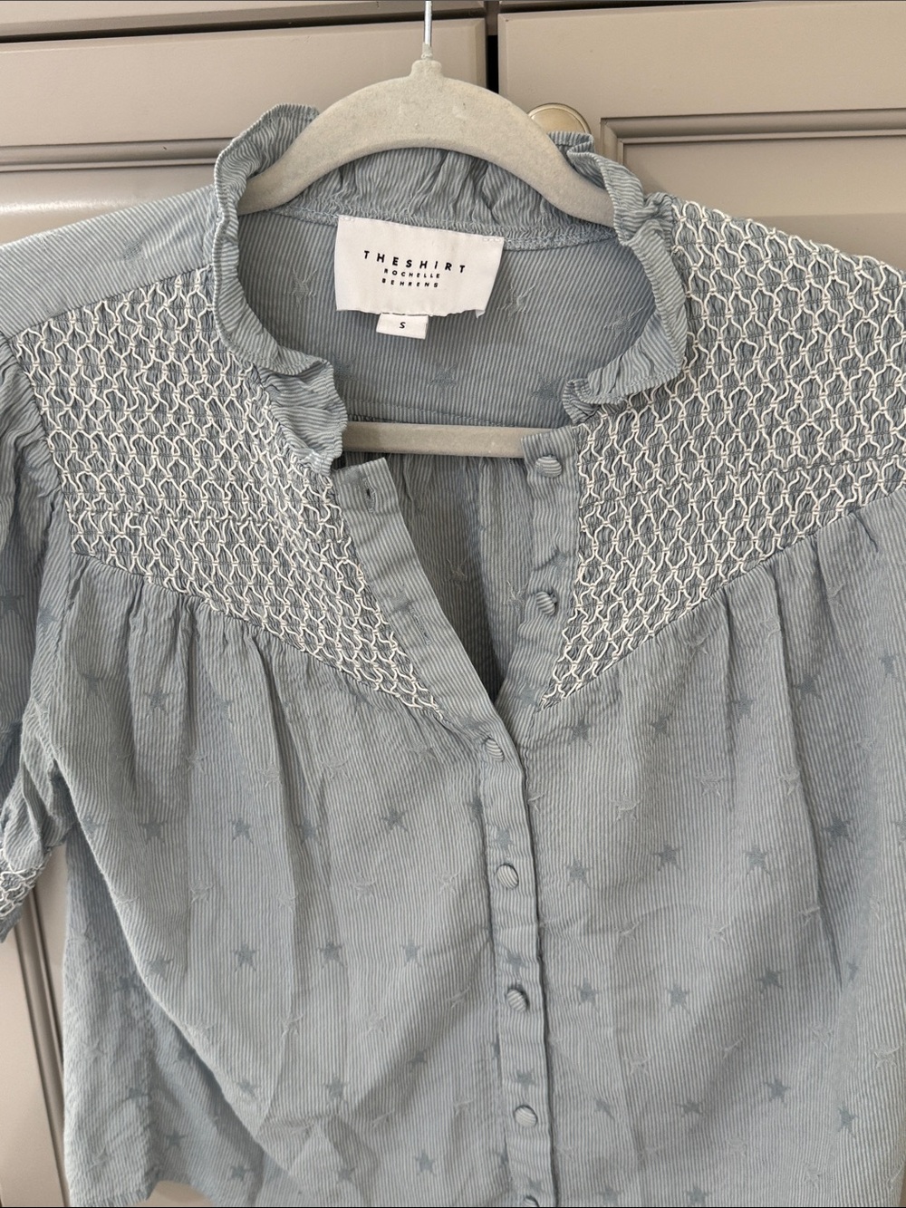 The Shirt by Rochelle Behrens Light Blue Star Smocked Button-Front Blouse